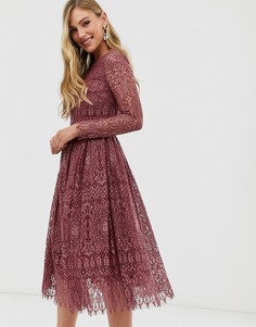 Кружевное платье миди с длинными рукавами ASOS DESIGN-Фиолетовый