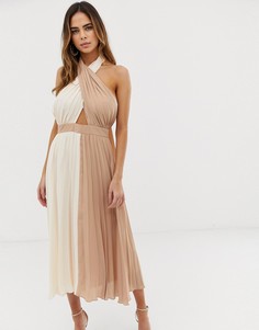 Плиссированное платье миди с лямкой через шею ASOS DESIGN-Розовый
