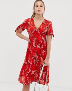Платье миди с завязками на рукавах и цветочным принтом Brave Soul - adrianna-Красный