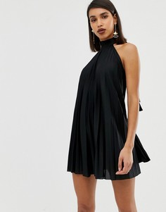 Плиссированное платье мини с открытой спиной и лямкой через шею ASOS DESIGN-Черный