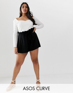 Шорты с присборенной талией и завязкой ASOS DESIGN Curve-Черный