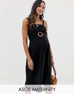 Льняной сарафан миди с квадратным вырезом и деревянными пряжками ASOS DESIGN Maternity-Черный