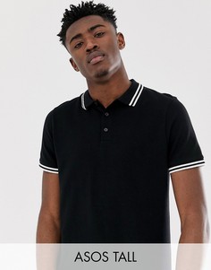 Черная футболка-поло из ткани пике с кантом ASOS DESIGN Tall-Черный