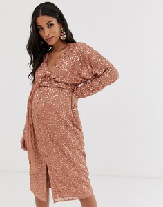 Платье миди с рукавами \летучая мышь\", запахом и пайетками ASOS DESIGN Maternity-Коричневый