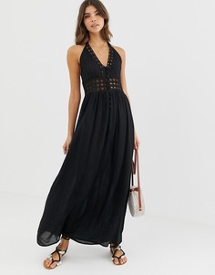 Платье макси с завязкой на шее и кружевной отделкой ASOS DESIGN-Черный
