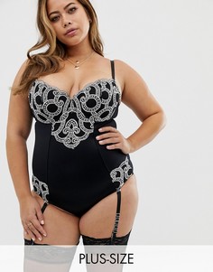Черное корректирующее боди с вышивкой и подвязками Figleaves Curve Decadence-Черный