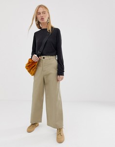 Саржевые брюки нестандартной длины с широкими штанинами ASOS DESIGN-Светло-бежевый
