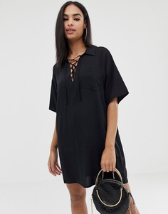 Платье-рубашка мини со шнуровкой ASOS DESIGN-Черный