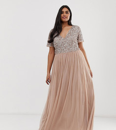 Розовое платье макси из тюля с V-образным вырезом и пайетками Maya Plus Bridesmaid-Коричневый