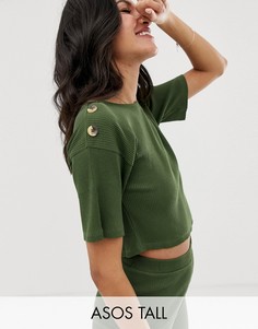 Свободная футболка в рубчик с черепаховыми пуговицами ASOS DESIGN Tall mix & match-Зеленый