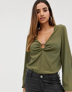 Боди с длинными рукавами, глубоким вырезом и кольцом ASOS DESIGN-Зеленый