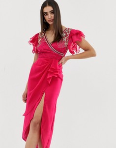 Розовое платье миди с запахом, отделкой и оборками на рукавах Virgos Lounge-Розовый