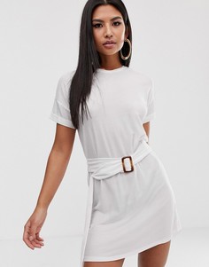 Платье-футболка в рубчик с отворотами на рукавах и ремнем ASOS DESIGN-Белый