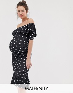 Платье в горошек со спущенными плечами и оборками Bluebelle Maternity-Мульти