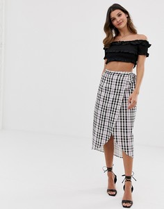 Юбка миди в клетку с запахом и завязкой ASOS DESIGN-Мульти