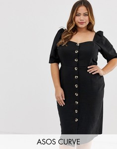 Льняное платье миди на пуговицах с вырезом сердечком ASOS DESIGN Curve-Черный
