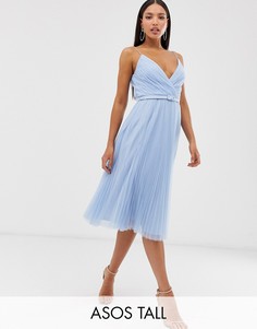 Плиссированное платье миди из тюля с поясом ASOS DESIGN Tall-Розовый