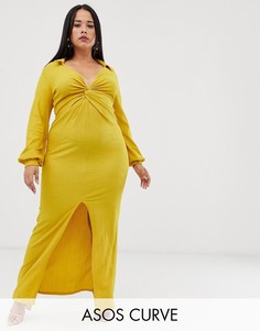 Фактурное платье макси с драпировкой и узлом ASOS DESIGN-Желтый
