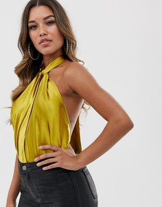 Боди из блестящего атласа с бретелью через шею ASOS DESIGN-Зеленый