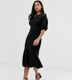 Платье-футляр миди с кружевной отделкой и баской эксклюзивно для ASOS DESIGN Petite-Черный