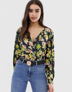 Боди с запахом, завязками на рукавах и цветочным принтом ASOS DESIGN-Мульти
