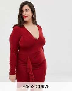 Платье мини с глубоким вырезом и оборкой ASOS DESIGN Curve-Красный