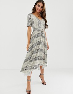 Платье миди с V-образным вырезом и плиссированной юбкой ASOS DESIGN-Мульти