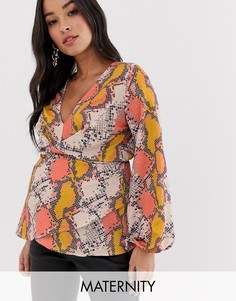 Топ с запахом и разноцветным змеиным узором Flounce London Maternity-Мульти