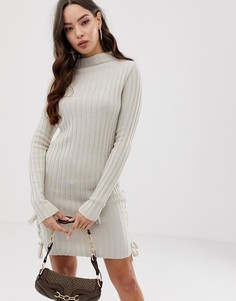 Платье мини в рубчик с завязкой ASOS DESIGN-Бежевый