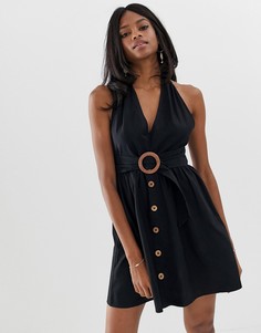 Льняной сарафан мини на пуговицах с пряжкой ASOS DESIGN-Черный