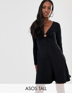Свободное платье мини с длинными рукавами и черепаховым кольцом ASOS DESIGN Tall-Черный