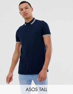 Темно-синяя футболка-поло из пике с контрастной отделкой ASOS DESIGN Tall-Темно-синий