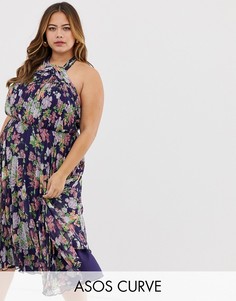 Плиссированное платье миди с цветочным принтом ASOS DESIGN Curve-Мульти