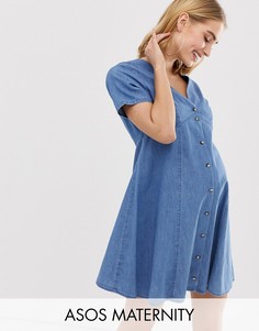 Чайное джинсовое платье мини на пуговицах ASOS DESIGN Maternity-Синий