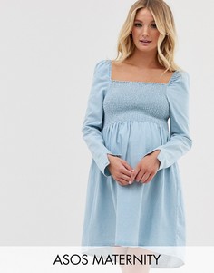 Голубое свободное джинсовое платье мини с присборенной отделкой ASOS DESIGN Maternity-Синий