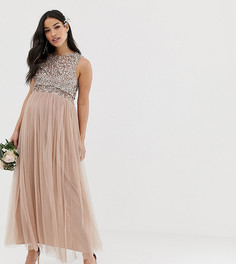 Розовое платье макси из тюля с однотонными пайетками Maya Maternity Bridesmaid-Коричневый