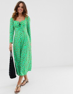 Платье макси на пуговицах с бантом и цветочным принтом ASOS DESIGN-Мульти