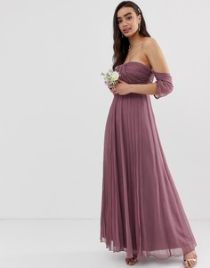 Платье макси с открытыми плечами и плиссировкой ASOS DESIGN Bridesmaid-Фиолетовый