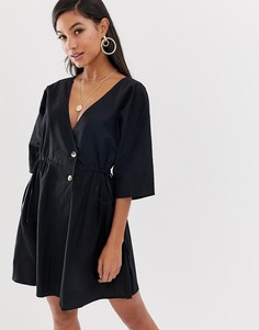 Свободное платье мини на пуговицах с V-образным вырезом на груди и спине ASOS DESIGN-Черный