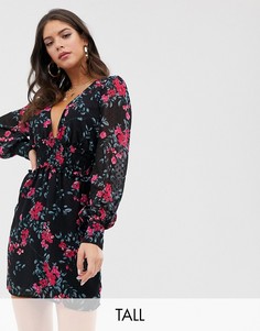 Платье с глубоким вырезом и пышными рукавами Fashion Union Tall-Черный
