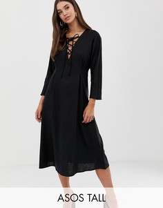 Льняное платье миди со шнуровкой ASOS DESIGN Tall-Черный