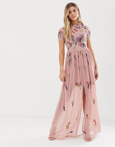 Платье макси пыльно-розового цвета с цветочной отделкой Frock And Frill-Розовый