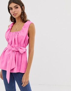 Льняной топ с квадратным вырезом и поясом ASOS DESIGN-Черный