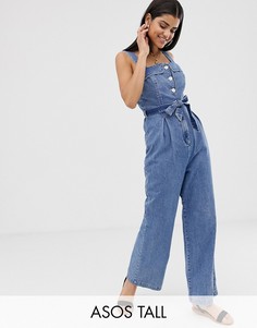 Джинсовый комбинезон с квадратным вырезом и пуговицами ASOS DESIGN Tall-Синий