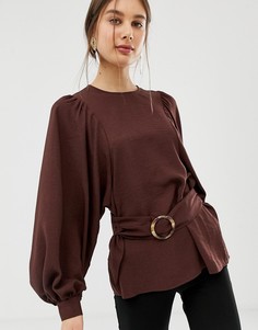 Оversize-лонгслив с поясом ASOS DESIGN-Коричневый