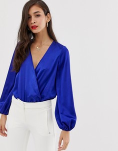 Атласное боди с длинными рукавами и глубоким вырезом ASOS DESIGN-Мульти