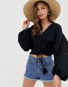 Лонгслив из жатой ткани с завязкой спереди ASOS DESIGN-Черный