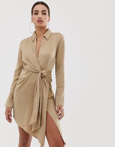 Атласное платье-рубашка мини с завязкой на талии ASOS DESIGN-Бежевый