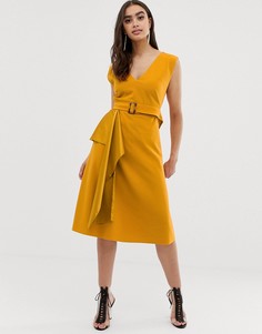 Приталенное атласное платье миди с поясом ASOS DESIGN-Желтый