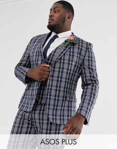 Темно-синий свадебный приталенный пиджак в клетку тартан ASOS DESIGN Plus